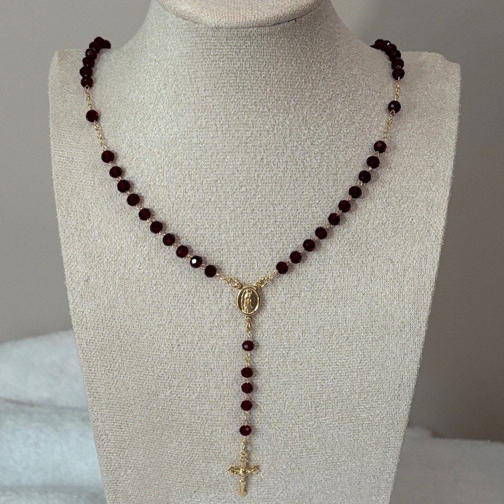 NWOT Ruby Red Crystal Bead Guadelupe Rosary 18k Gold Filled Necklace